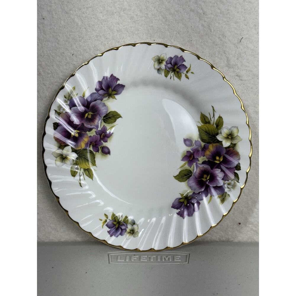 Pansy Royal Patrician 8” Plate Purple Flowers England Bone China Swirl Rim Gold